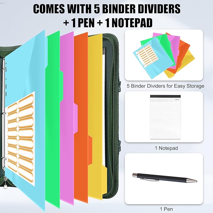 Portfolio Organizer - 3 Ring Binder with Zipper, Vegan Leather Business Padfolio Folder with Notepad Includes 5 Dividers with 10 Pockets for Documents Files for Men Women
