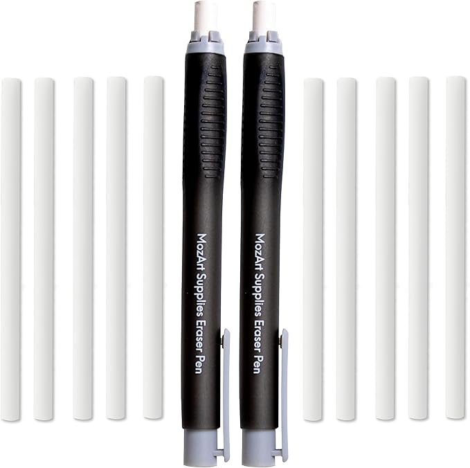 MozArt Supplies 2 Eraser Pen with 10 Jumbo Eraser Pen Refills Set, Easy to Use for Mechanical Pencil - For Sketch, Architecture, Drafting, Art, Drawing Supplies
