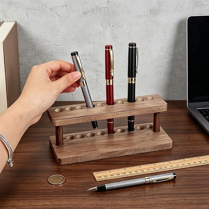 PH PandaHall 2pcs Wooden Pen Holder, 10 Slots Fountain Pens Display Stand Desk Pencil Holding Rack Pen Organizer for School Office Home Store Study Organizing Desk Accessories, 7.9"x3.2"x3.2"