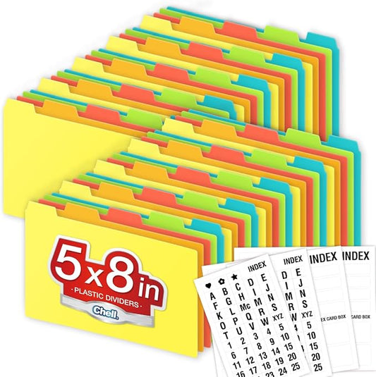 Chell 5x8 Plastic Index Card Dividers, Heavyweight Poly Index Card Guides A-Z for Flash Cards and Recipe Cards, with Alphabetical/Blank Stickers, Pack of 50