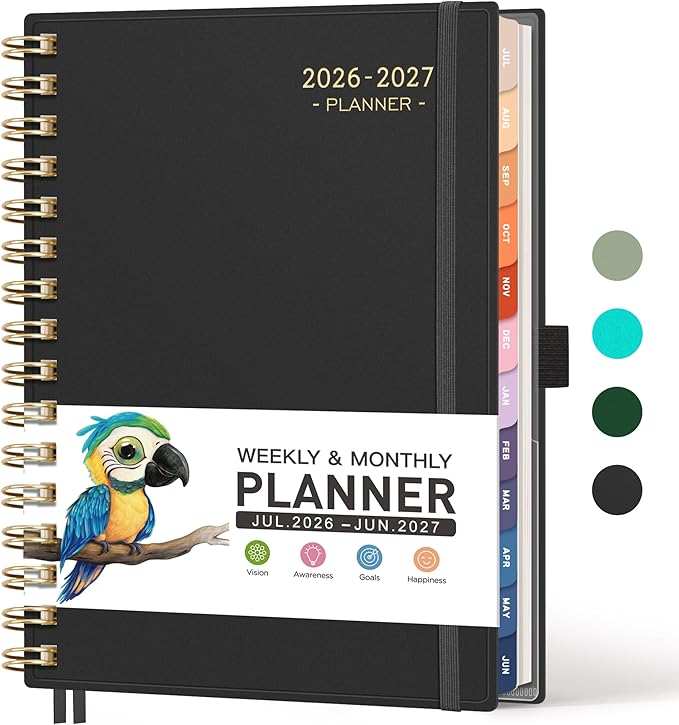 RETTACY Academic Planner 2026-2027, Weekly and Monthly, July 2026 - June 2027, Medium Size (5.7" x 8.3"), Calendar, Agenda, 12-Month Tabs, for Student, Teacher, School (Black)