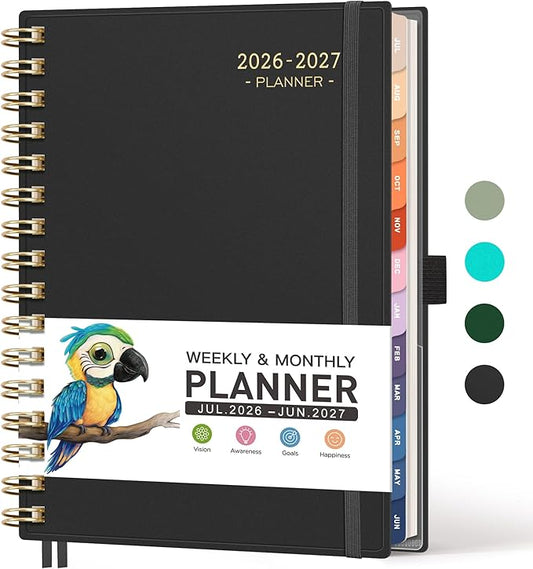 RETTACY Academic Planner 2026-2027, Weekly and Monthly, July 2026 - June 2027, Medium Size (5.7" x 8.3"), Calendar, Agenda, 12-Month Tabs, for Student, Teacher, School (Black)