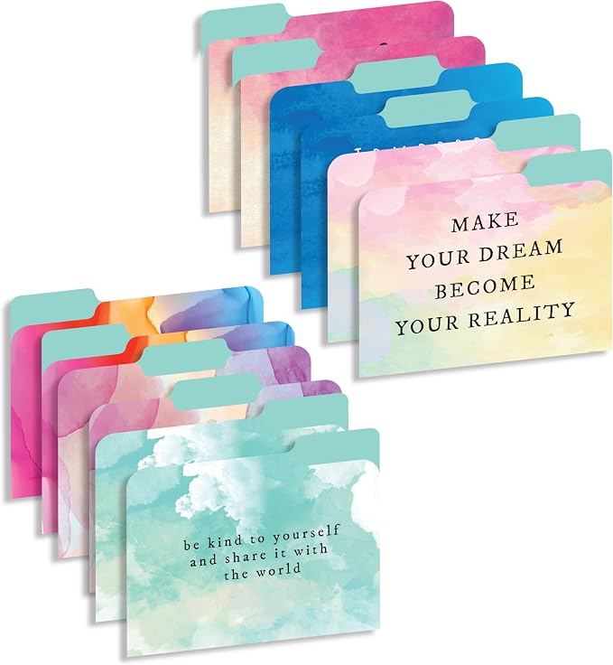 Decorative File Folders 1/3 Cut Tab, 12 Pack 6 Design, Heavyweight Laminated Letter Size (9.5” x 11.5”), Stylish Fashion File Folders for Home, Office & School Organization (Water Color)