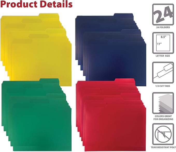 Better Office Products Heavyweight Poly File Folders, 1/3 Cut, Top Tab, 24 Per Box, Letter Size, Assorted Colors-Red, Blue, Yellow Green, 24 per Box