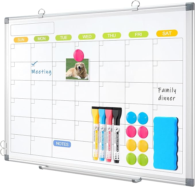 Dry Erase Calendar Whiteboard for Wall, WALGLASS 24" x 18" Magnetic White Board, Monthly Dry Erase Calendar with Silver Aluminum Frame, Double-Sided Hanging Portable Board for Office, Home, School