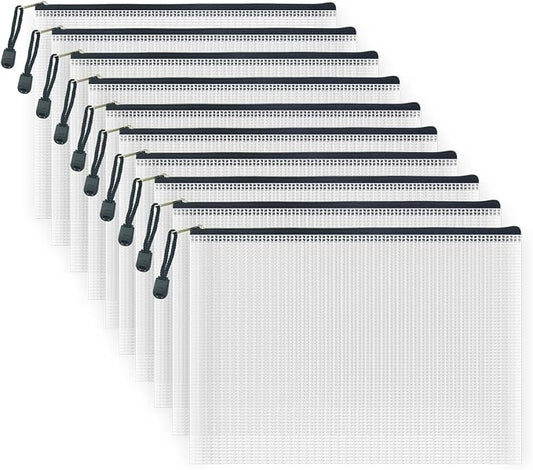 10 Pcs Zipper File Bags, Waterproof Plastic Mesh Pouch for Office School, Board Game Storage Bags (B5 Size 11.4''x8.2'', White and Black)