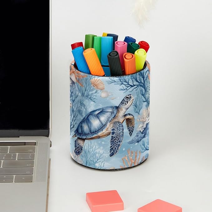 Vintage Turtle Leather Pen Holder for Desk, Multifunctional Desktop Organizer Pencil Cup, Desktop Caddy Stationery Organizer for School Home Office Desk Accessories