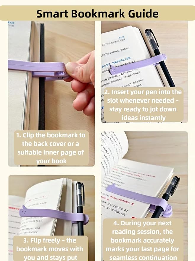 [6 Pack] Automatic Bookmark with Clip & Pen Holder Slot, Silicone Smart Bookmarks with Smiley Thumb Design, Unique Reading Accessories Gifts for Book Lovers, Women, Men, Students