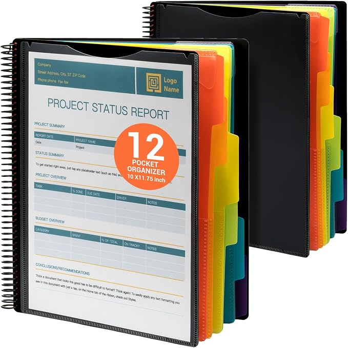 Mukawa 12 Pocket Poly Project Organizer, Spiral Project Folder Multi Pocket Folder Binder Letter Size, Back Cover Utility Pouch, 1/6 Cut Tabs, 6 Tab Color Dividers (Pack of 2)