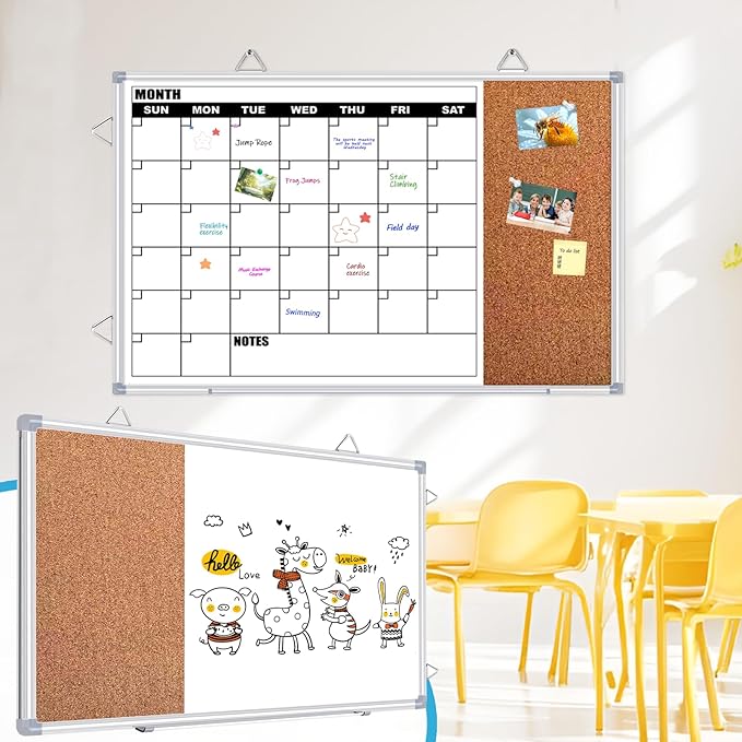 Calendar Whiteboard for Wall, 36" x 24" Double Sided Monthly Dry Erase Board Calendar for Office, Home, School, Hanging Cork Board White Board Combo, Portable Magnetic Dry Erase Planner Board