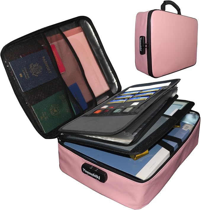 Yuanshikj Portable Fireproof Waterproof Document Organizer with Lock,Pink | 3 digit Code,15.1"x11.2"x4.3",Heat Insulated Fire＆Water-Resistant Box 13 Layers File, Home Travel Safe Storage for Important