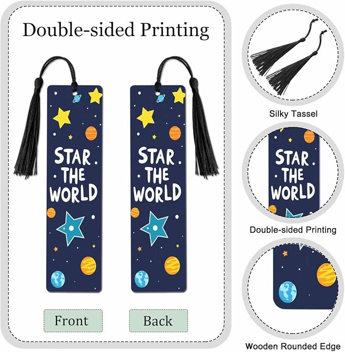 Space Planet Bookmarks Set 5 with Tassels Star The World Theme Wooden Bookmarks for Reading Women Men Students Teachers School Supplies