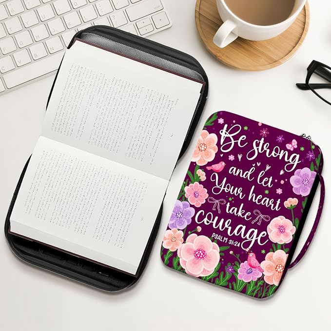 Floral Scripture Bible Cover for Women, Inspirational Bible Case with Handle and Zipper, Canvas Bible Bag Fits Standard Size Bible, Christian Gift for Girls, Faith Study