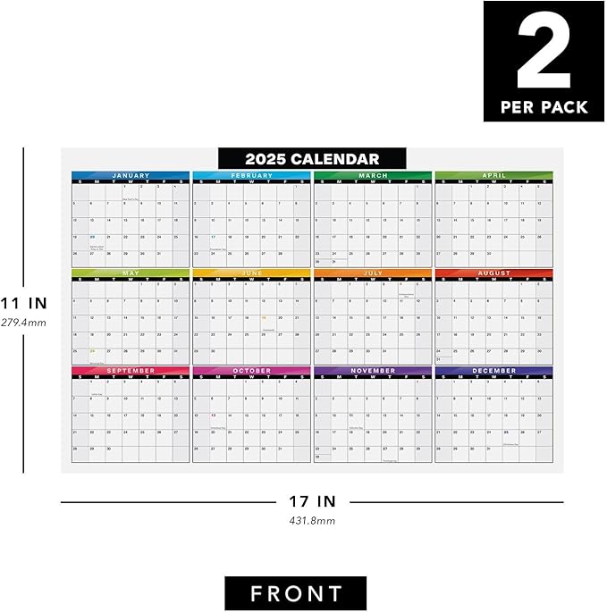 2025 Full Desk Calendar - 11 x 17” Large Size 12 Month Planner - 2 Sided Vertical and Horizontal Reversible - Printed on Thick & Durable 80lb Cardstock (216 gsm) - 2 Per Pack