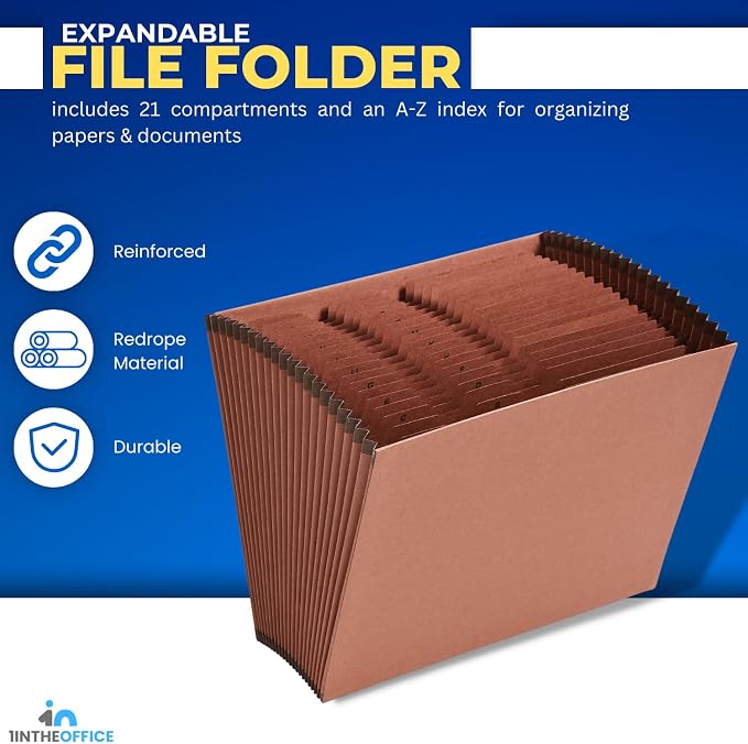 1InTheOffice Expandable Files Folders, Accordion File Folder Letter Size, Alphabetical File Organizer, 21-Pocket, A-Z Index, Brown