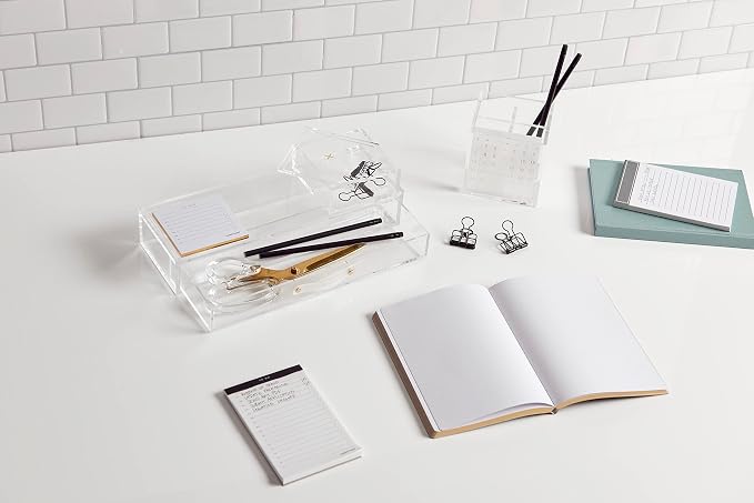 russell+hazel Acrylic Perpetual Calendar and Pencil Bloc Two Compartment Pen Cup, Office Supplies, Clear, 4” x 4”
