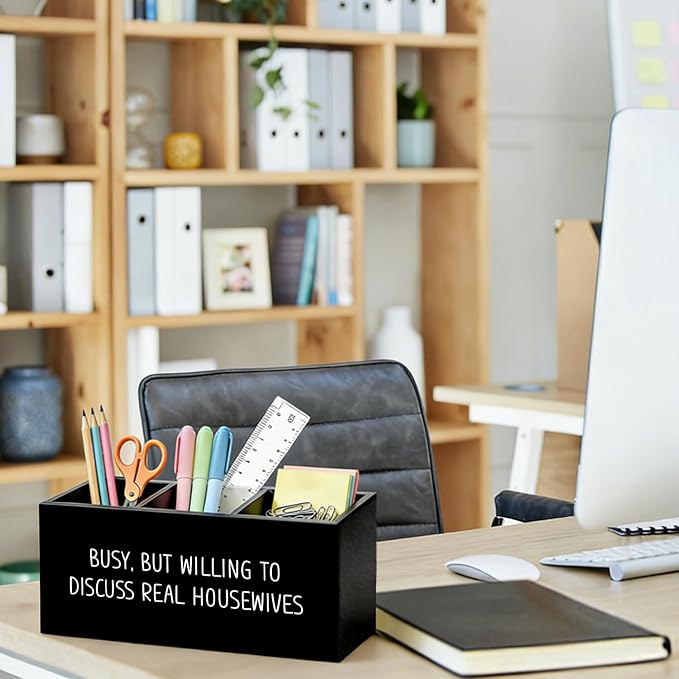 Funny Pen Pencil Holder for Desk, Funny Office Gifts for Coworkers, Busy But Willing to Discuss Housewives Wooden Box Sign Organizer for Office Workplace Desk Accessories Tabletop Decorations