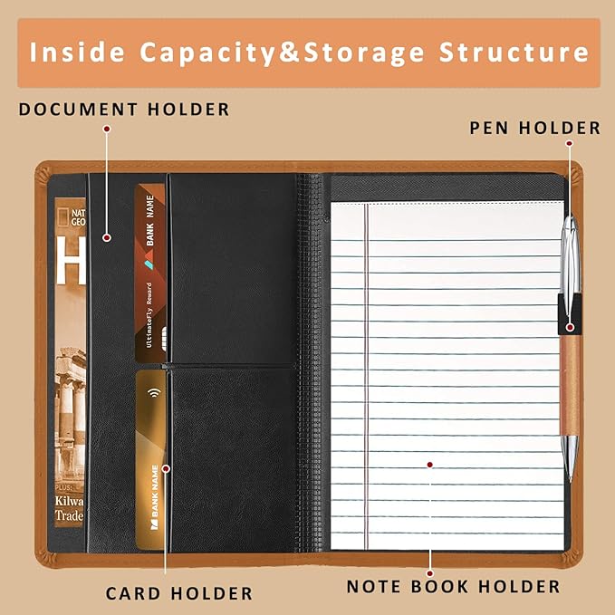 Padfolio Binder A5 Document Organizer with Refillable Lined Notepad, Junior Size Folder Portfolio for Men Women,Brown