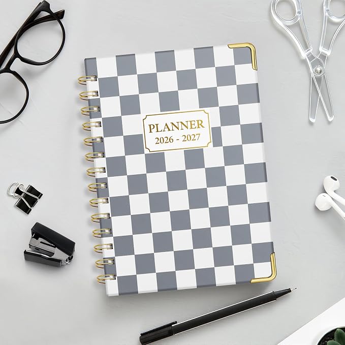Daily Planner 2026-2027, 18 Month Planner with Tabs, January 2026 - June 2027 Weekly and Monthly Academic Year Calendar Spiral Time Management, 100GSM Thick Paper, Twin-Wire Binding, A5 Size, Checkered