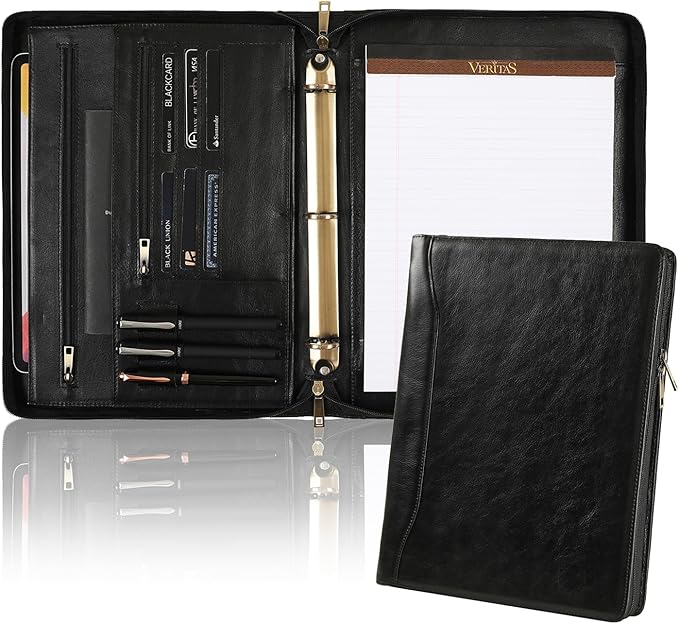 Genuine Leather Portfolio, 3 Ring Binder Padfolio, 11"×14" Padfolio Organizer, Professional Business Portfolio Binder for Men and Women
