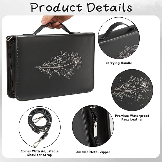 19PCS Floral Black Leather Bible Cover for Women Bible Cover Cases for Teen Girls Christmas Gift Christian Church Carrying Bag Journaling Kit with Shoulder Strap Highlighter Pens & Book Marker