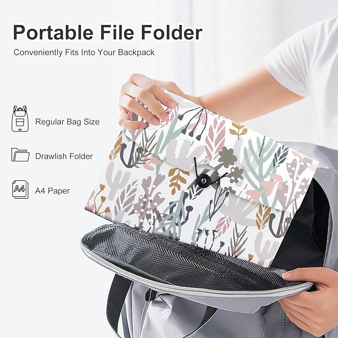 Uquelic 13-Pocket Expanding File Folder, Accordion File Holder with Elastic Buckles Closure – Holds Letter/A4 Size Documents, Floral Printed Accordion Folder, School Office Supplies(Seagrass Print)