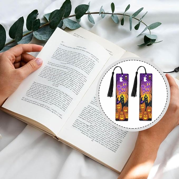 Halloween Bookmarks 5 Pcs with Tassels Pumpkin Bats Dark Night Wooden Bookmarks for Reading Women Students Teacher Reader