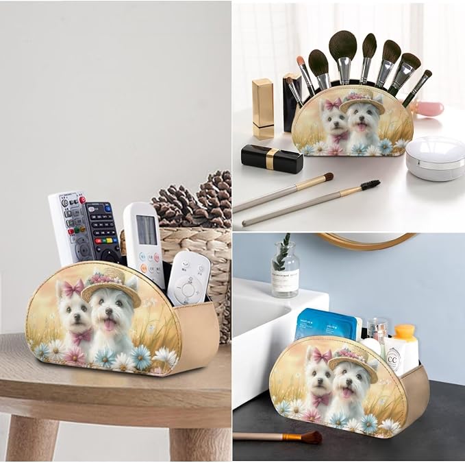 Cute Bow Dog Daisy Remote Control Holder with 5 Compartments, Office Desk Organizers Couch/TV Stand/Bedside Table Accessory Desktop Storage Caddy,for Remote,Glasses