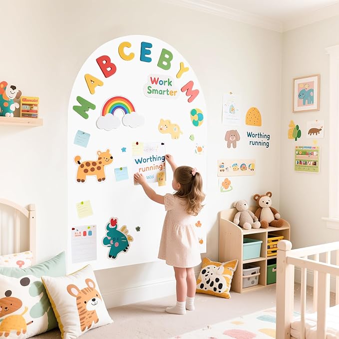 Arch Magnetic Wall Decal 40x32 Inch White Magnet Wall for Kids Self Adhesive Magnetic Board for Wall with Letters and Liquid Chalks Peel and Stick Magnet Play Wall for Home Playroom
