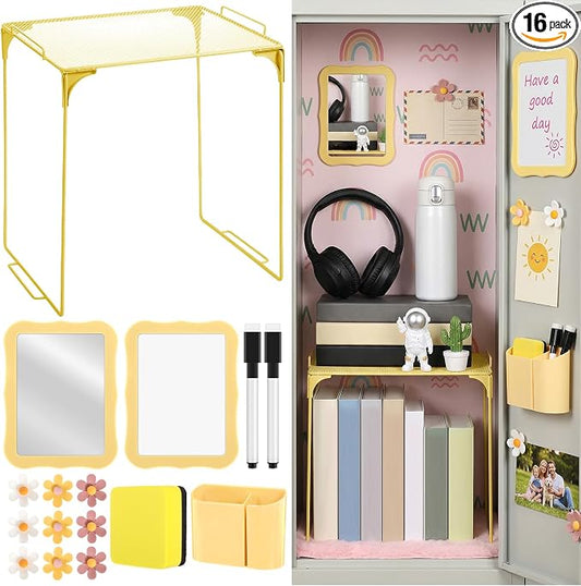 Colarr 16 Pcs Yellow Locker Accessories for Girls Includes Magnetic Whiteboard & Mirror Locker Shelf Pen Holder 2 Dry Erase Marker & Eraser 9 Flowers for Back to School Essentials Decoration