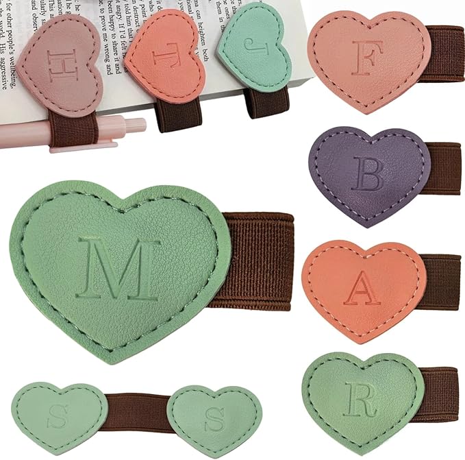 Personalized Magnetic Leather Heart Bookmark with Pen Holder - 26 Letters Custom Book Mark Notebook Pencil Loop with Initial Book Marker for Readers, Book Lovers- Gifts for Women Men(Green,M)