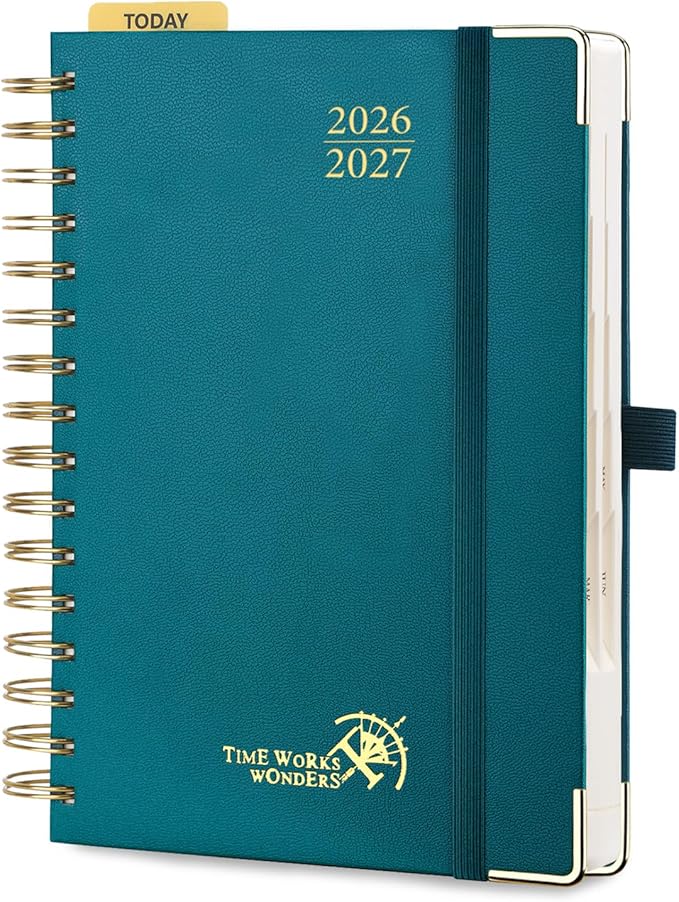 POPRUN 2026-2027 Daily Planner One Page Per Day, 5.75" x 8.5", Academic Daily Calendar Book with July 2026 to June 2027, Hardcover Appointment Book with Hourly Time Slots, Spiral Bound, Monthly Tabs - Pacific Green