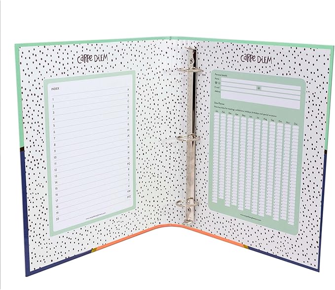 Pukka Pad, Carpe Diem Preloaded Rollbound Ringbinder – 12.4 x 10.8in – Includes Index, Personal Details, Planner Pages – Comes Preloaded with 5-Part Dividers – Standard 3-Ring Mechanism - Geometric