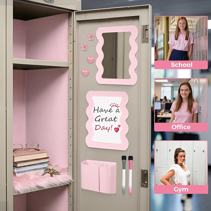 SKYDUE Locker Accessories Kit for Girls - Includes Rug, Wallpaper, Magnetic Mirror, Whiteboard, Pen Holder, Magnets, Stickers and Hooks, Pink Locker Decor & Organizer Set, Set 14 Piece