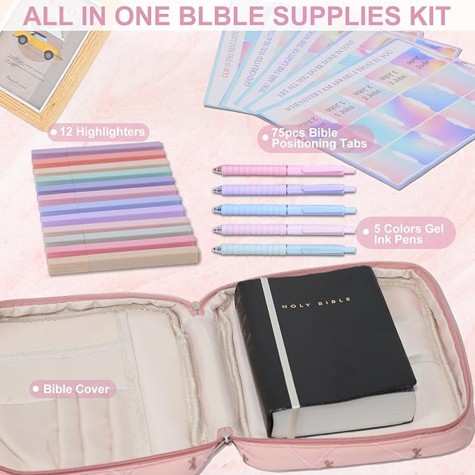 Pink Bible Bags for Women Organizer with Study Supplies Accessories, Quilted Bible Cover Case for Women Carrying Case for Girls Book Case Purse with Bible Stuff