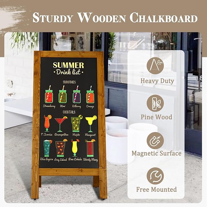 Wooden A-Frame Sign, Magnetic 40" x 20" Yellowish-Brown Chalk Board Sign Board, Double-Sided Sandwich Board Signs Outdoor, Chalkboard Easel, Menu Board for Restaurant, Business or Wedding