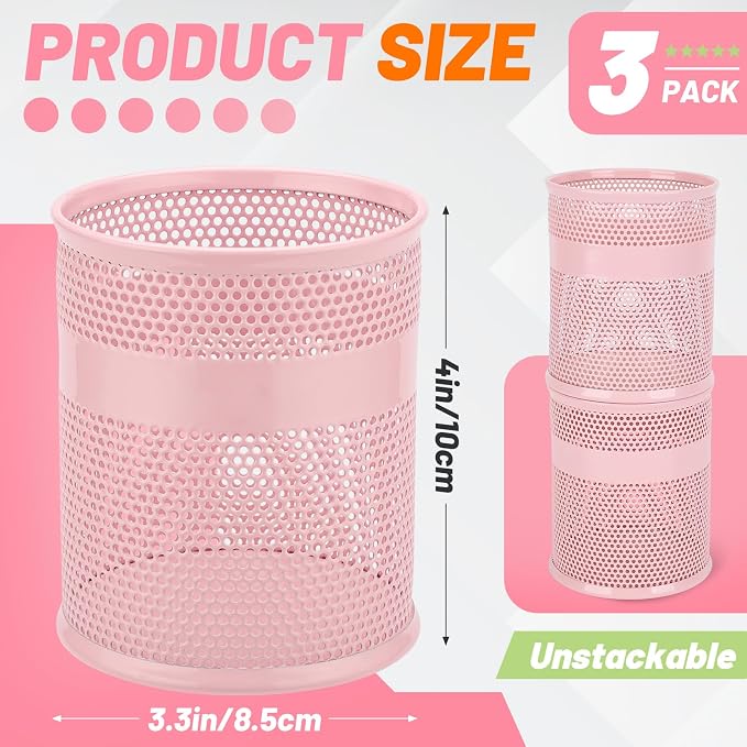 Segarty Pencil Holder, 3 Pack Pink Pen Holder, 3.3 x 3.9 inch Pencils Cups, Round Metal Pens Container Organizer for Office Supplies, School Classroom, Makeup Brush, Home Storage