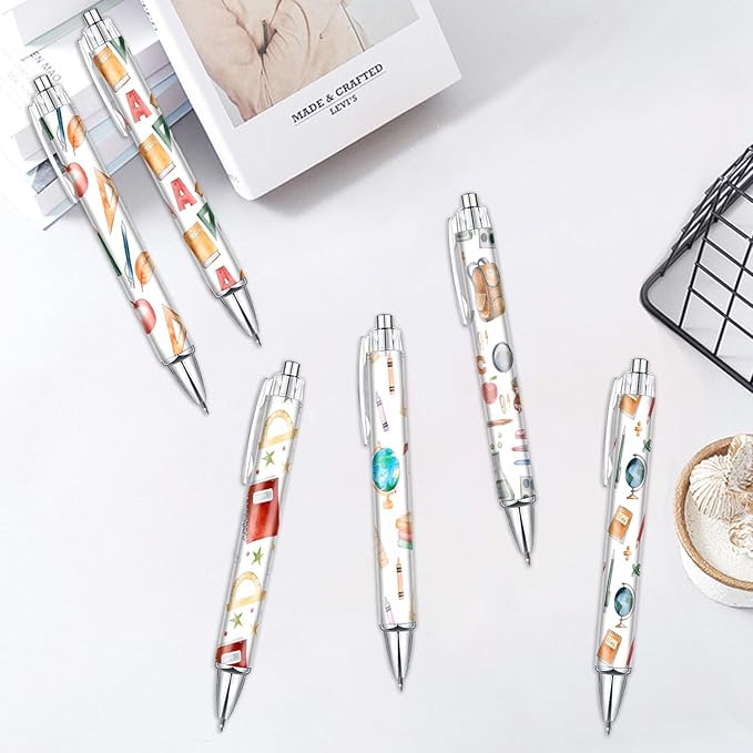6PCS Back To School Pattern Pens Set, Reusable Writing Pens, Cute Accessories Items Stationary, Perfect for School, Office Supplies, Party Gifts, Theme Notebooks, Sticky Notes, Desk Decor