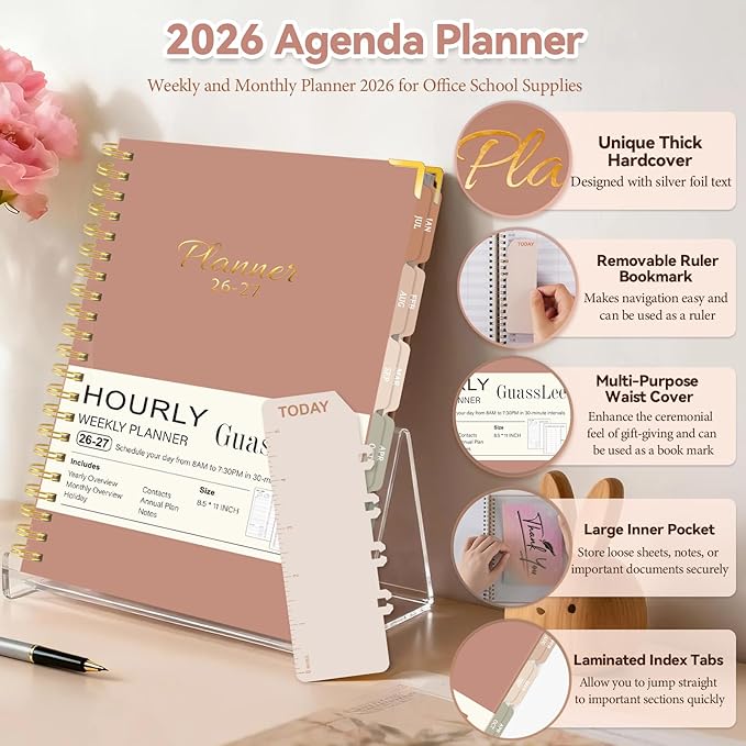 Large 2026-2027 Academic Planner, Weekly & Monthly Appointment Book from Jul. 2026 - Jun. 2027, Work & Life Daily Hourly Planner with Time Slots,A4 Agenda Organizer for School Office, Brown,8.5" x 11"
