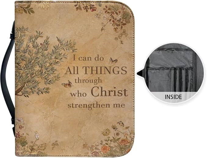 Vintage Style Olive Tree Bible Case with Bookmark Waterproof Bible Cover Case for Women Lightweight Bible Bag with Handle Pockets Church Book Bag Brown