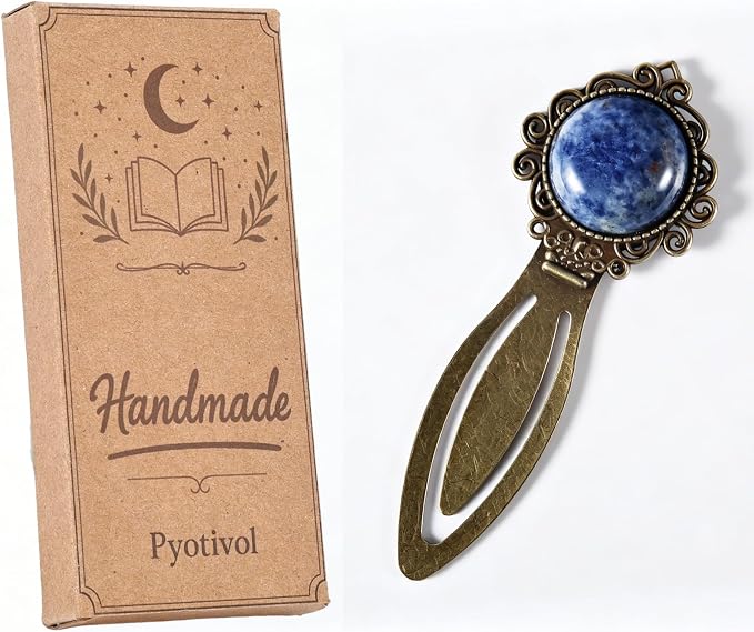 1Pcs Vintage Blue Sodalite Bookmark with Natural Crystal Stone - Fantasy Brass Metal Bookmarks for Reading Women, Men, Book Lovers, Girls and Teachers Book Marks(Sodalite)