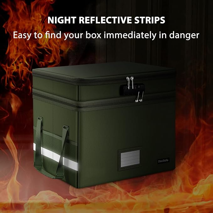 DocSafe File Box with Lock,Multi-Layer Fireproof Document Box Collapsible File Storage Organizer with Pockets/Handle,Portable Home Office Filing Cabinet for Hanging Letter/Legal Size Folders,Green