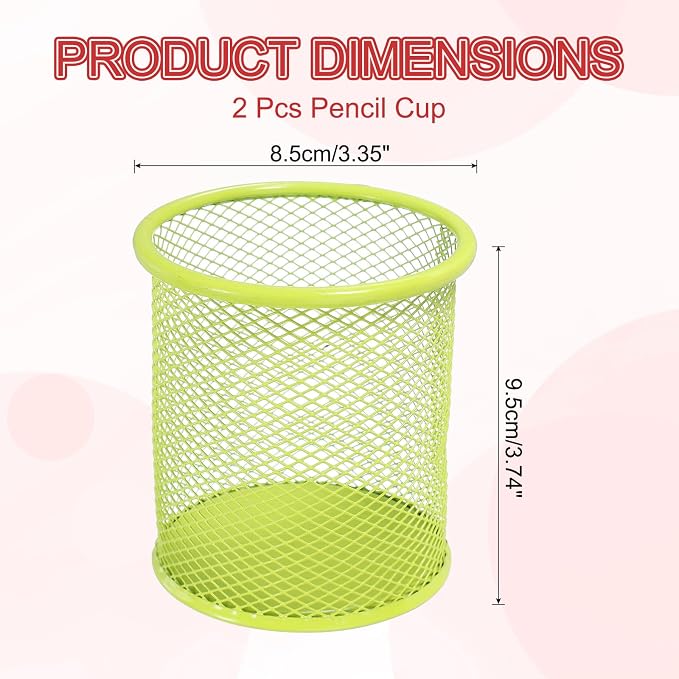 uxcell 2Pcs Mesh Pencil Holder, Metal Pen Cup Desk Organizer Makeup Brush Cup Holder for Home, Office, Classroom(Green)