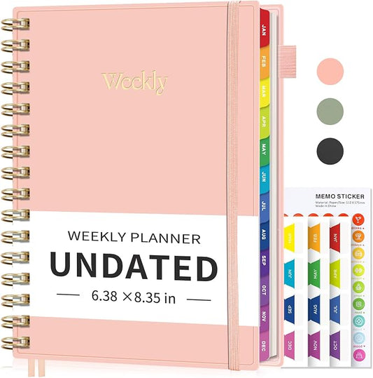 EMSHOI Undated Planner, Weekly and Monthly Calendar, 53 Weeks and 12 Months, A5 (6.38" x 8.35"), 100GSM Thick Paper, PVC Cover, Monthly Tabs, Note Pages, Start Anytime