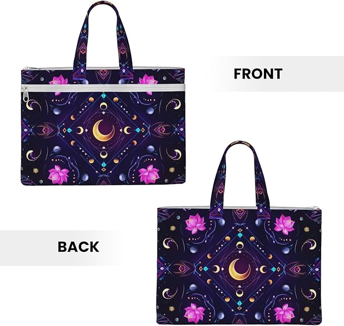 Double Pocket Canvas Waterproof Briefcase, Sacred Symbols Sun Moon Trippy Purple Art Portable Zipper File Organizer with Handle for Documents Storage