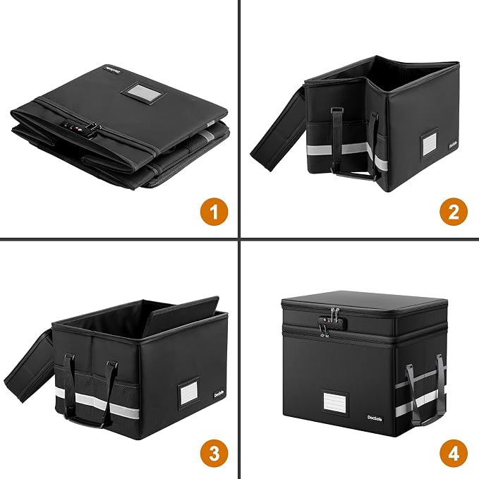 DocSafe File Box with Lock,Multi-Layer Fireproof Document Box Collapsible File Storage Organizer with Pockets/Handle,Large Portable Home Office Filing Safe for Hanging Letter/Legal Size Folders,Black