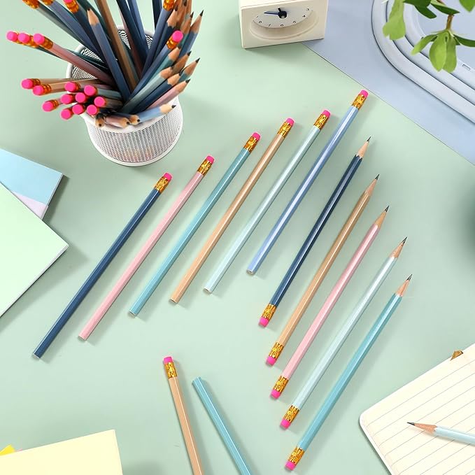 TecUnite 60 Pcs HB Pencils #2 Unsharpened Wood Cased Pencils with Eraser Hexagonal Pencil Cute Graphite No 2 Pen for Adults Gifts Exam School Office Sketching Learning(Morandi Colors, Gold)