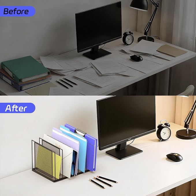 Desk File Organizer, 5 Section Vertical Metal File Organizer for Desk, Desktop File Organizer Stand, Paper Folder Organizer for Office Home Classroom Storage (Black, 5 Section)