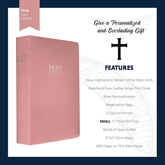Personalized NIV Bible Faux Leather Small Print Economy Bible with Custom Name at The Lower Right Side & Red-Highlighted Verses, Custom Gift for Christian & Religious Events | Pink