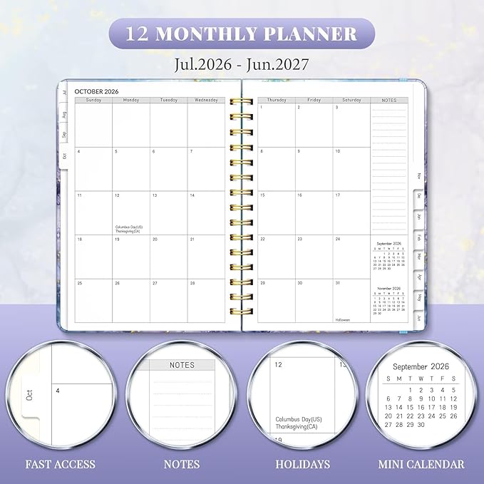 Lonely Oak Academic Planner 2026-2027, Daily Weekly and Monthly Agenda Planner 6.18" x 8.5" with Tabs, 12 Months Spiral School Year A5 Calendar from Jul.2026 to Jun.2027 for Student and Teacher (Blue Marble)